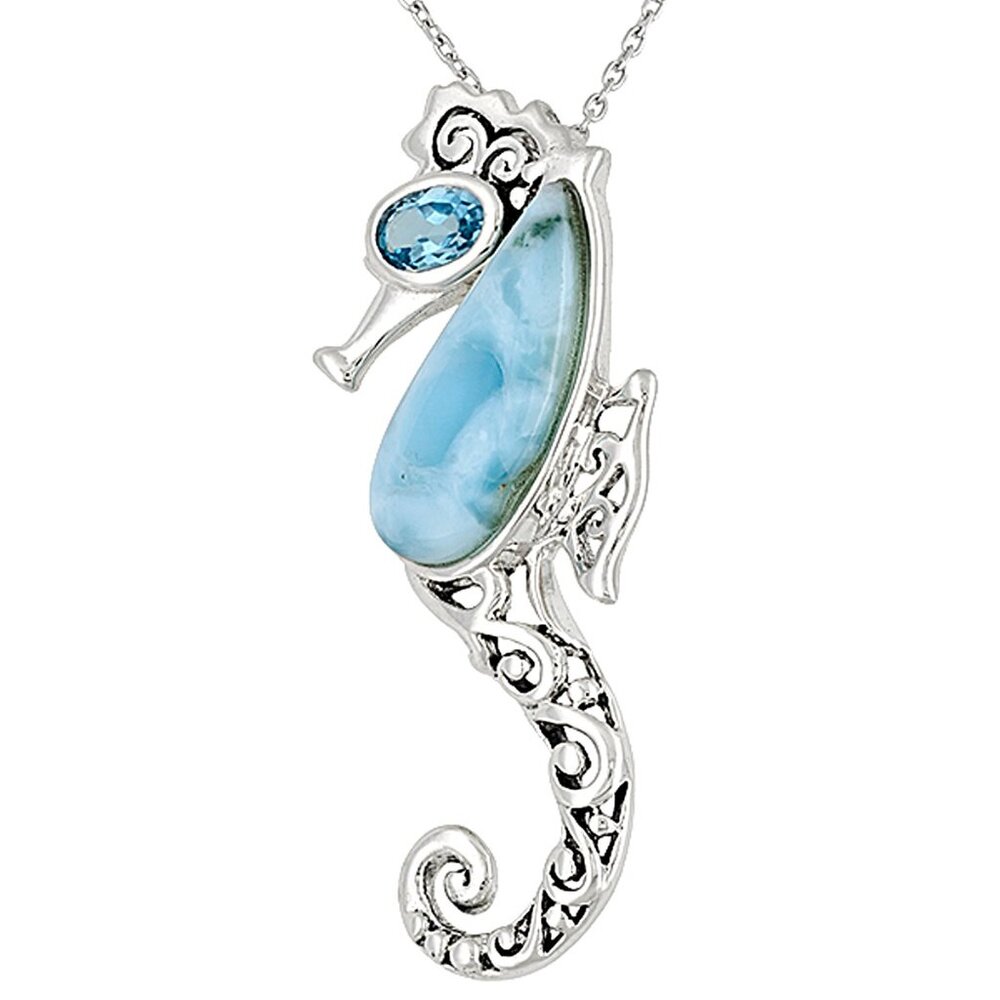 JTV Sterling Silver Larimar And Blue Topaz Seahorse Pendant